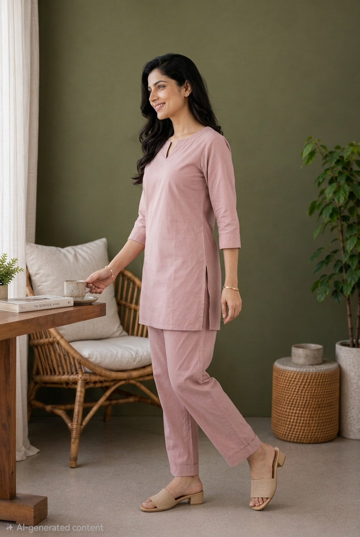 Dusty Mauve Pink Organic Cotton Poplin Co-ord Set (Casual/ Workwear)
