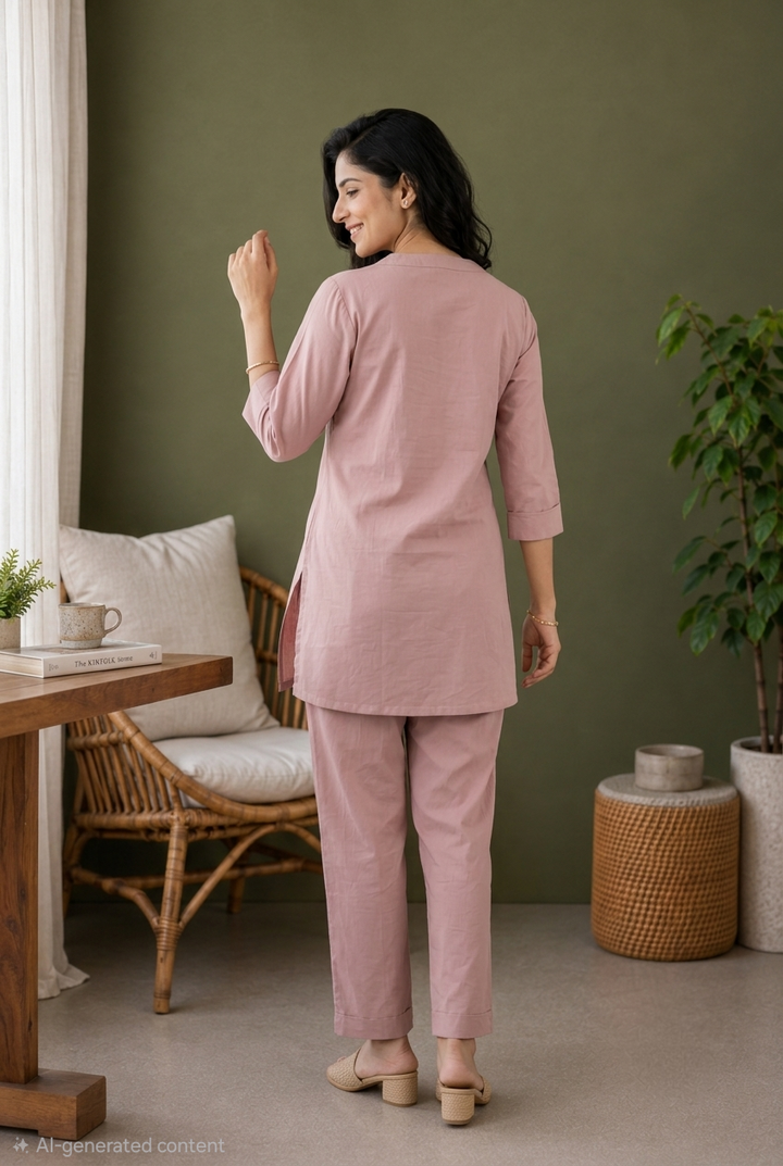 Dusty Mauve Pink Organic Cotton Poplin Co-ord Set (Casual/ Workwear)