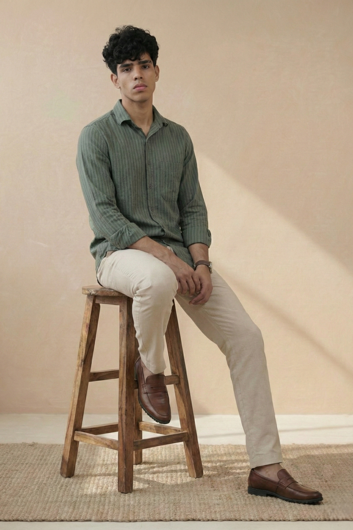 Olive Green Solid Organic Cotton Seersucker Shirt (Summer Wear)