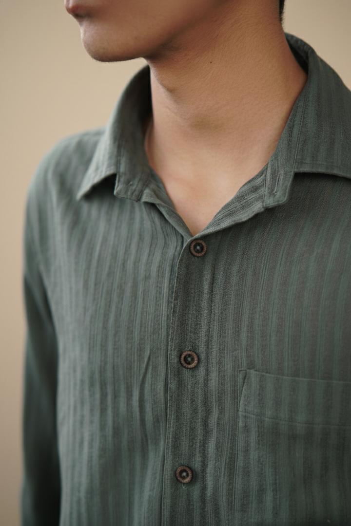 Olive Green Solid Organic Cotton Seersucker Shirt (Summer Wear)