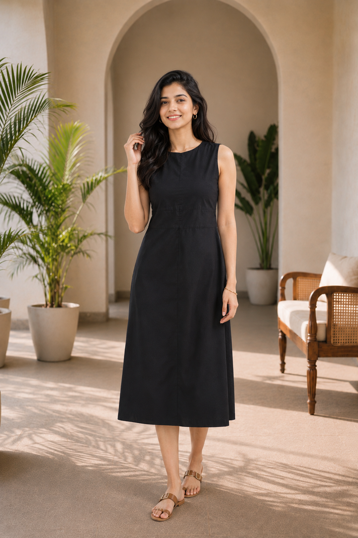 Black Organic Cotton Poplin Sheath Midi Dress