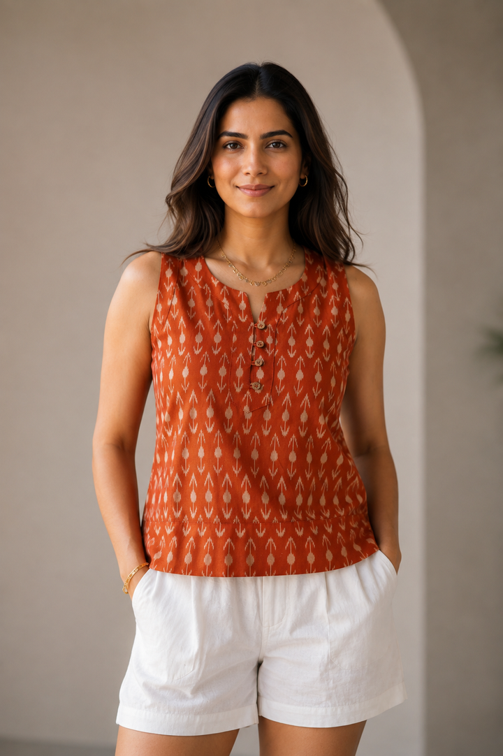 Rust Orange Ikkat Cotton Crop Top