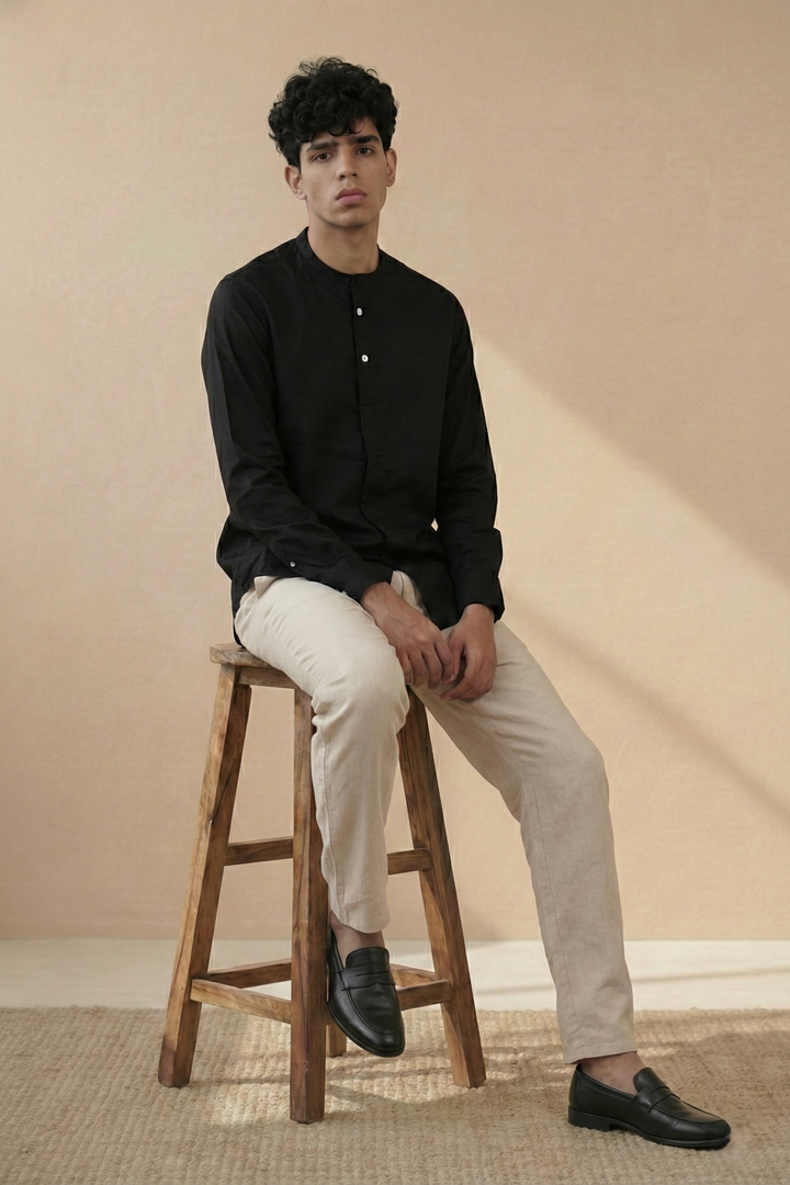 Black Solid Organic Cotton Mandarin Collar Shirt (Smart Casual)