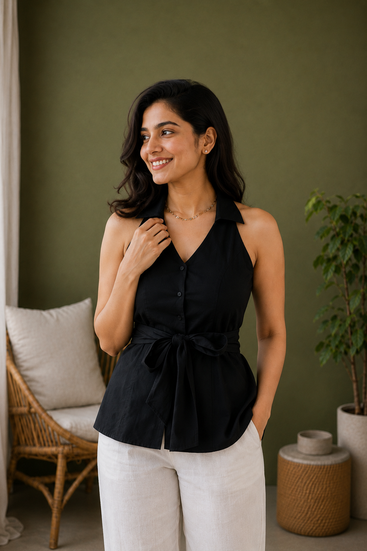 Black Organic Cotton Poplin Halter Neck Belted Top