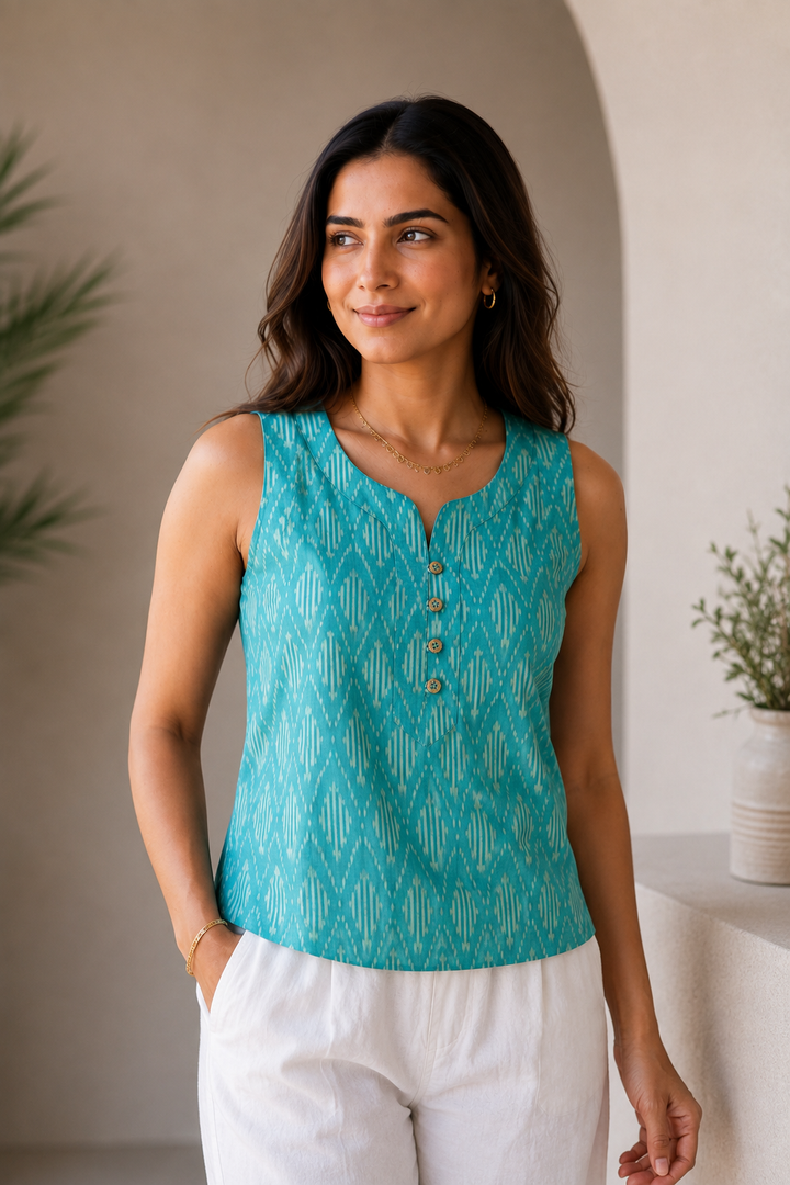 Turquoise blue Ikkat Cotton Crop Top