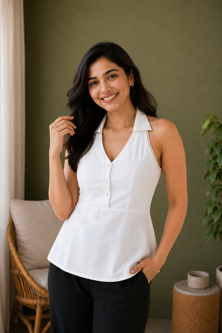 White Organic Cotton Poplin Halter Neck Peplum Top