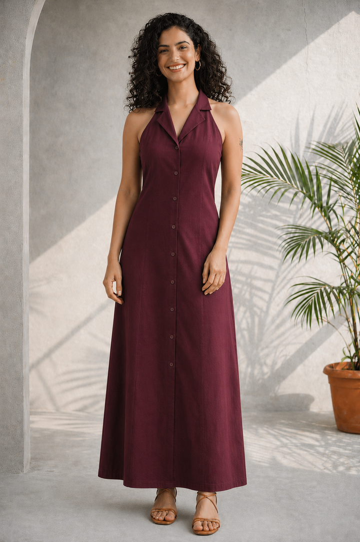 Wine Red Solid Cotton Poplin Flared Casual Maxi Dress