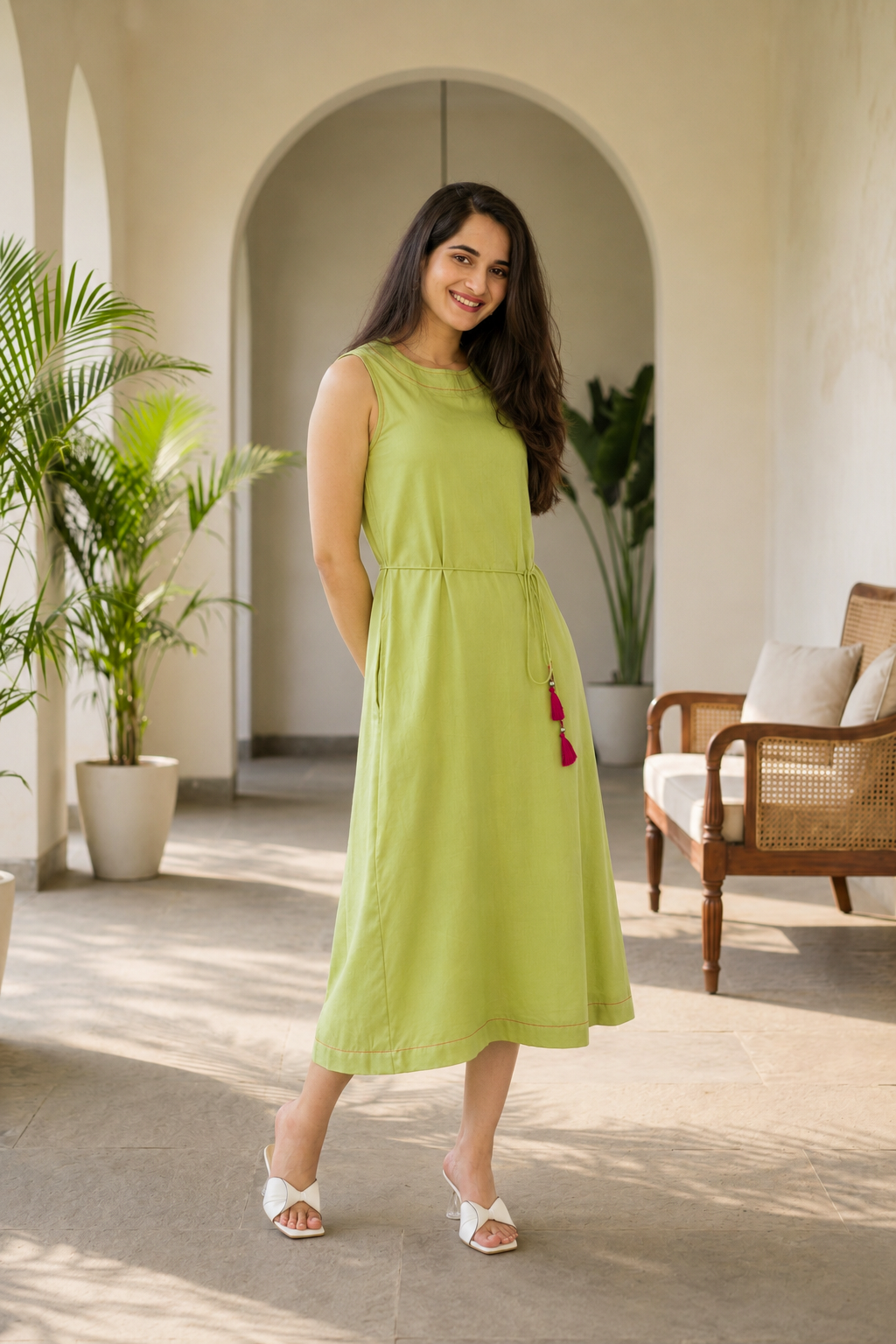 Lime Green EcoVero™ Viscose A-Line Midi Dress