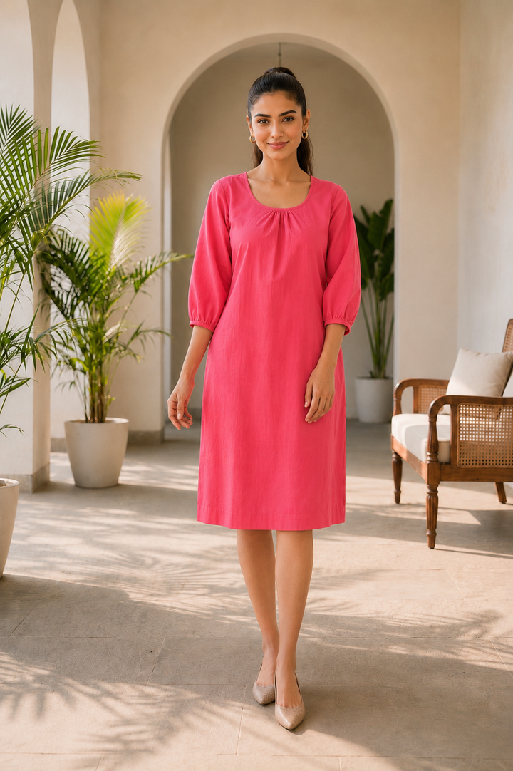 Sorbet Pink Pure Linen A-Line Dress