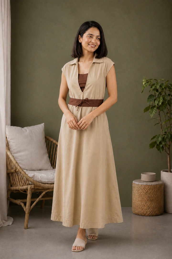 Mocha Brown Organic Cotton Poplin A-Line Maxi Dress with Detachable Belt