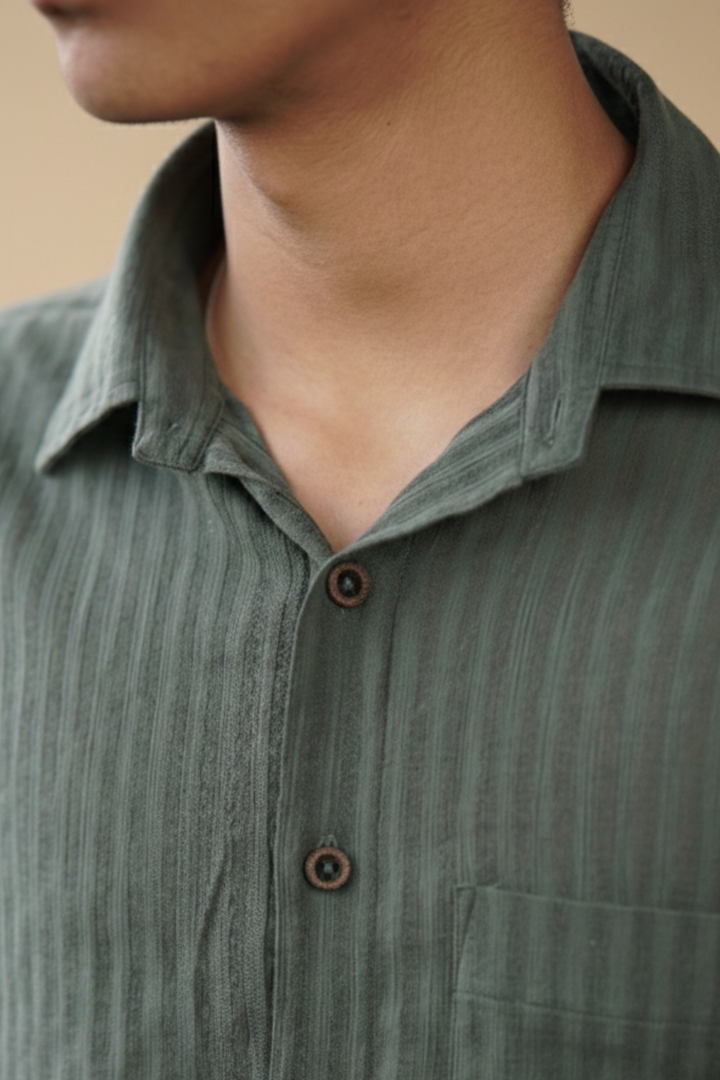 Olive Green Solid Organic Cotton Seersucker Shirt (Summer Wear)