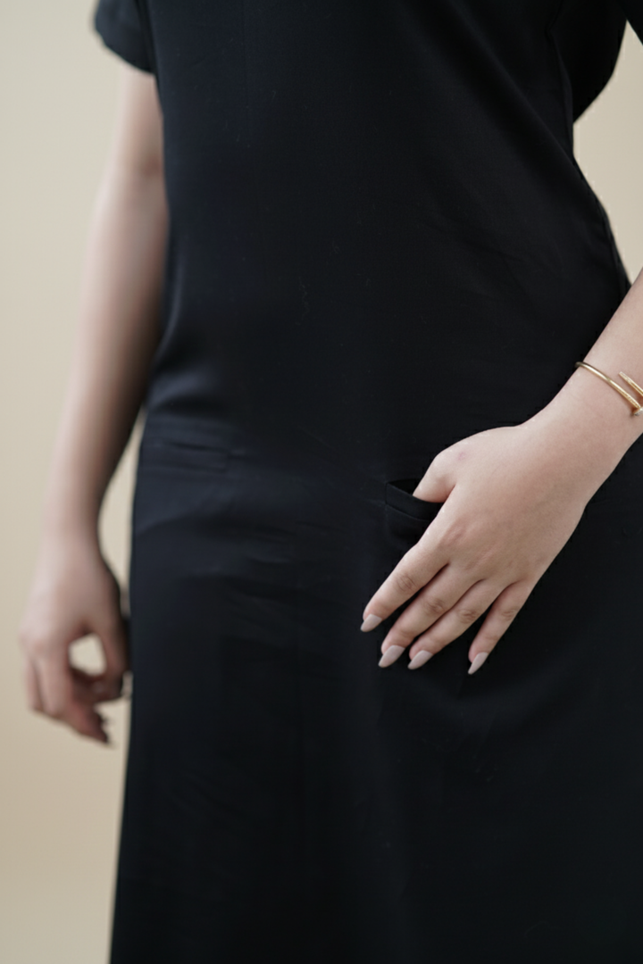 Black Organic Cotton Poplin Straight Midi Dress (Workwear)