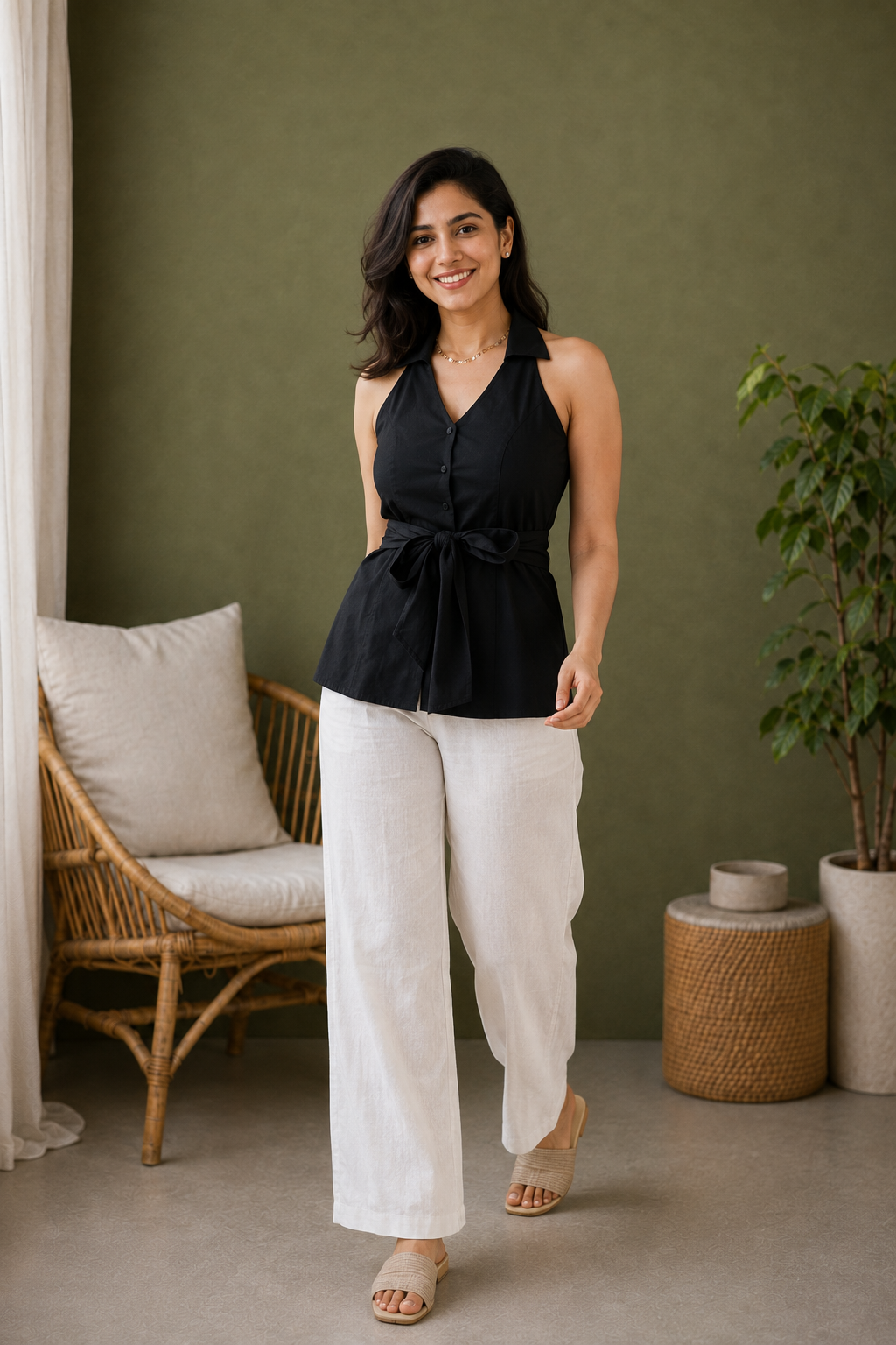 Black Organic Cotton Poplin Halter Neck Belted Top