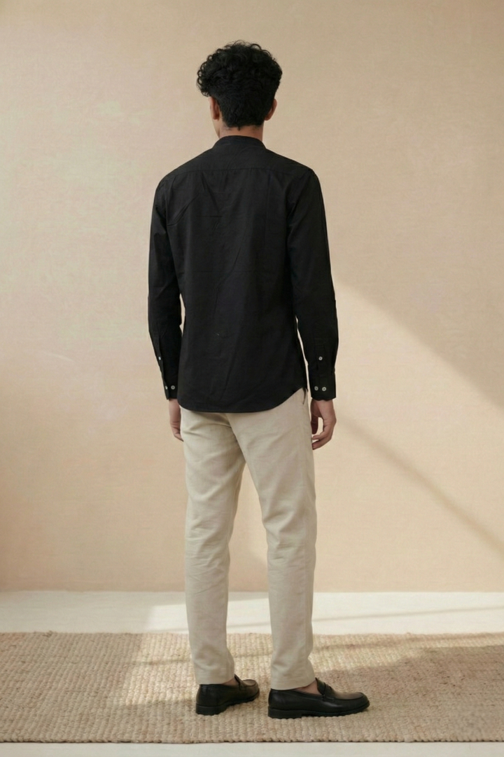 Black Solid Organic Cotton Mandarin Collar Shirt (Smart Casual)
