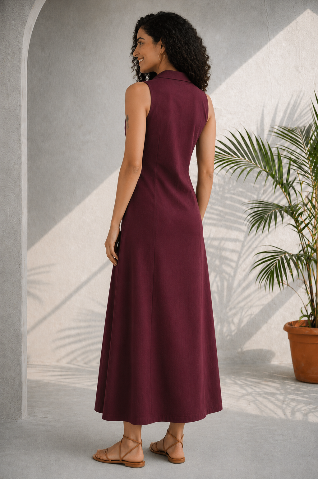 Wine Red Solid Cotton Poplin Flared Casual Maxi Dress