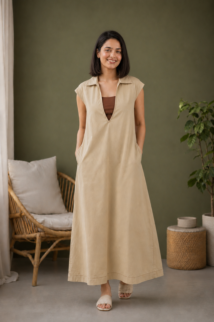 Mocha Brown Organic Cotton Poplin A-Line Maxi Dress with Detachable Belt