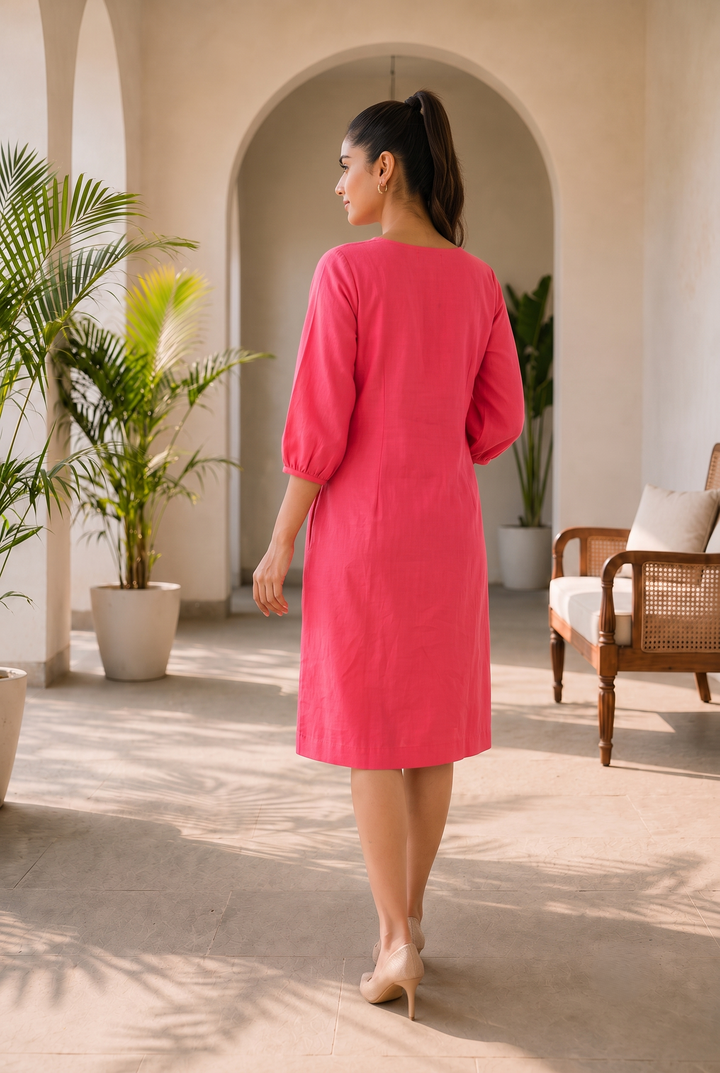 Sorbet Pink Pure Linen A-Line Dress