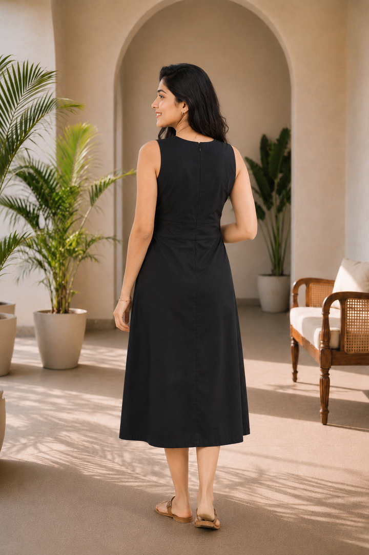 Black Organic Cotton Poplin Sheath Midi Dress