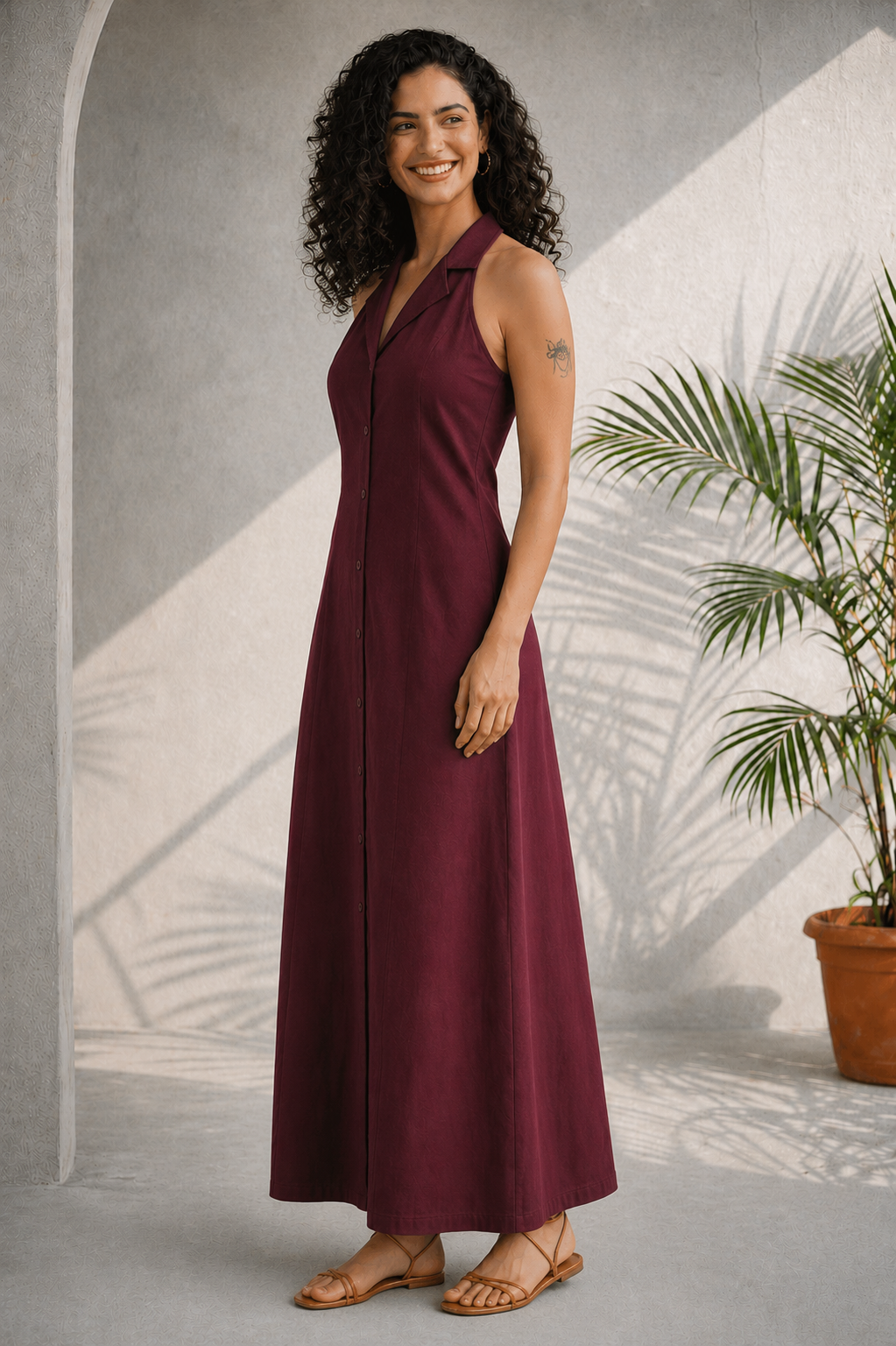 Wine Red Solid Cotton Poplin Flared Casual Maxi Dress