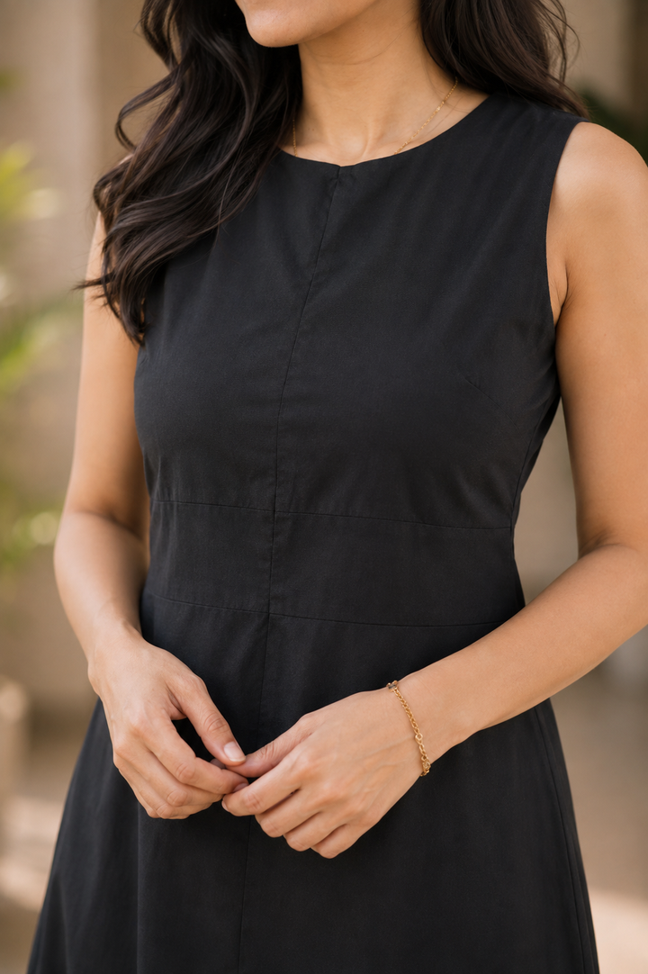 Black Organic Cotton Poplin Sheath Midi Dress