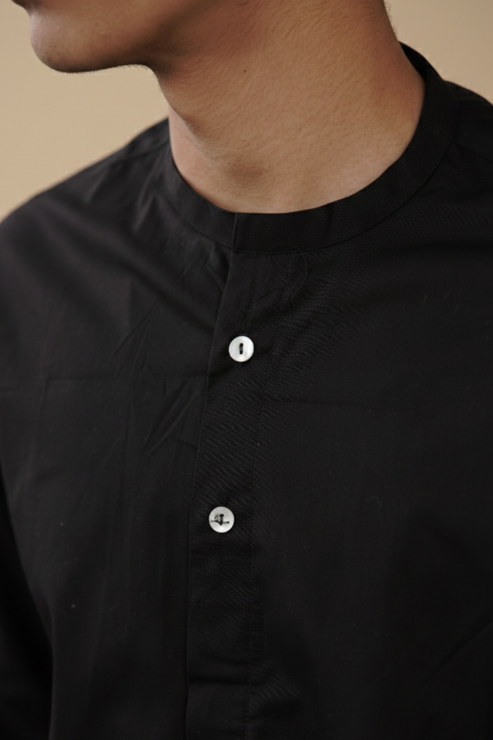 Black Solid Organic Cotton Mandarin Collar Shirt (Smart Casual)