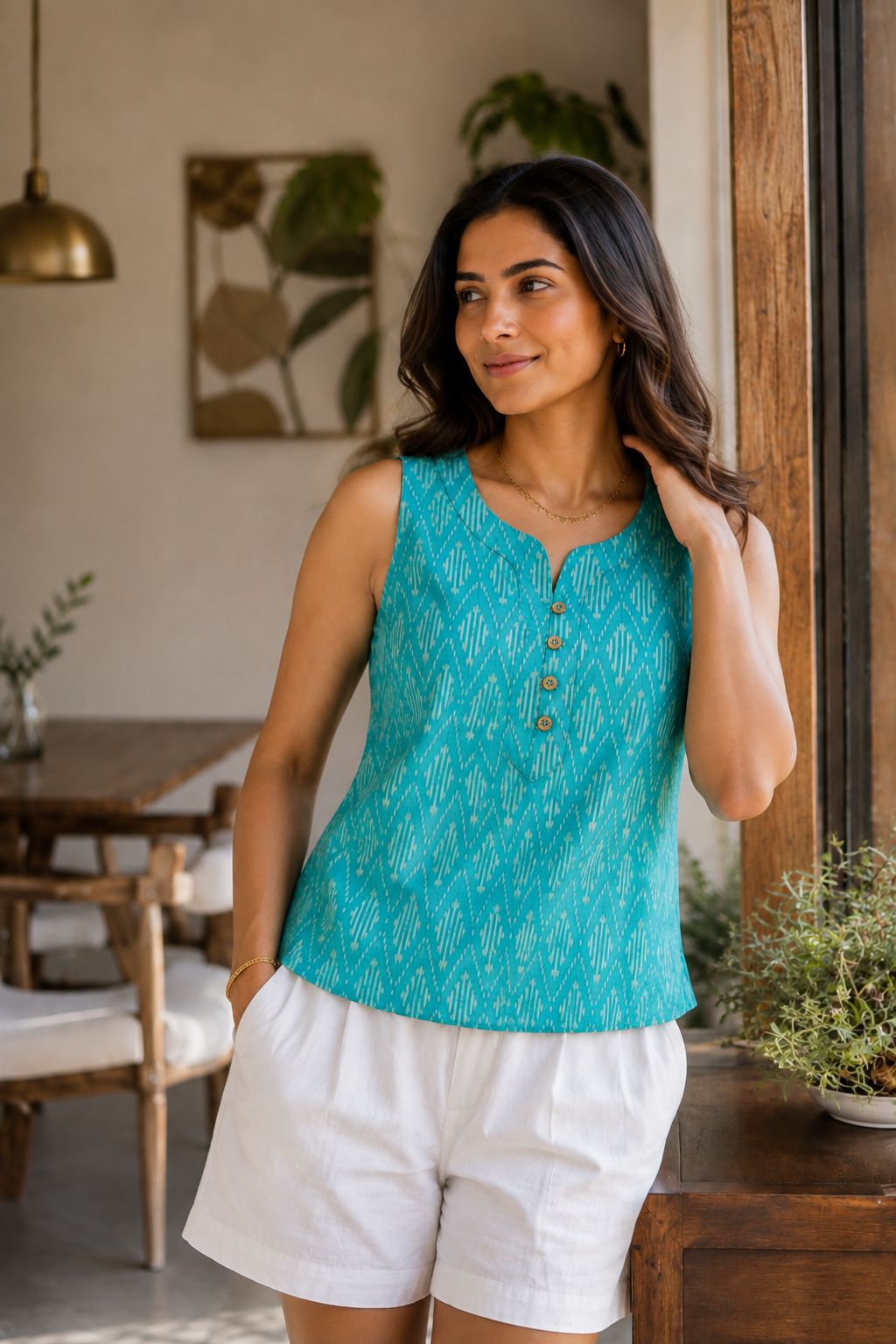 Turquoise blue Ikkat Cotton Crop Top