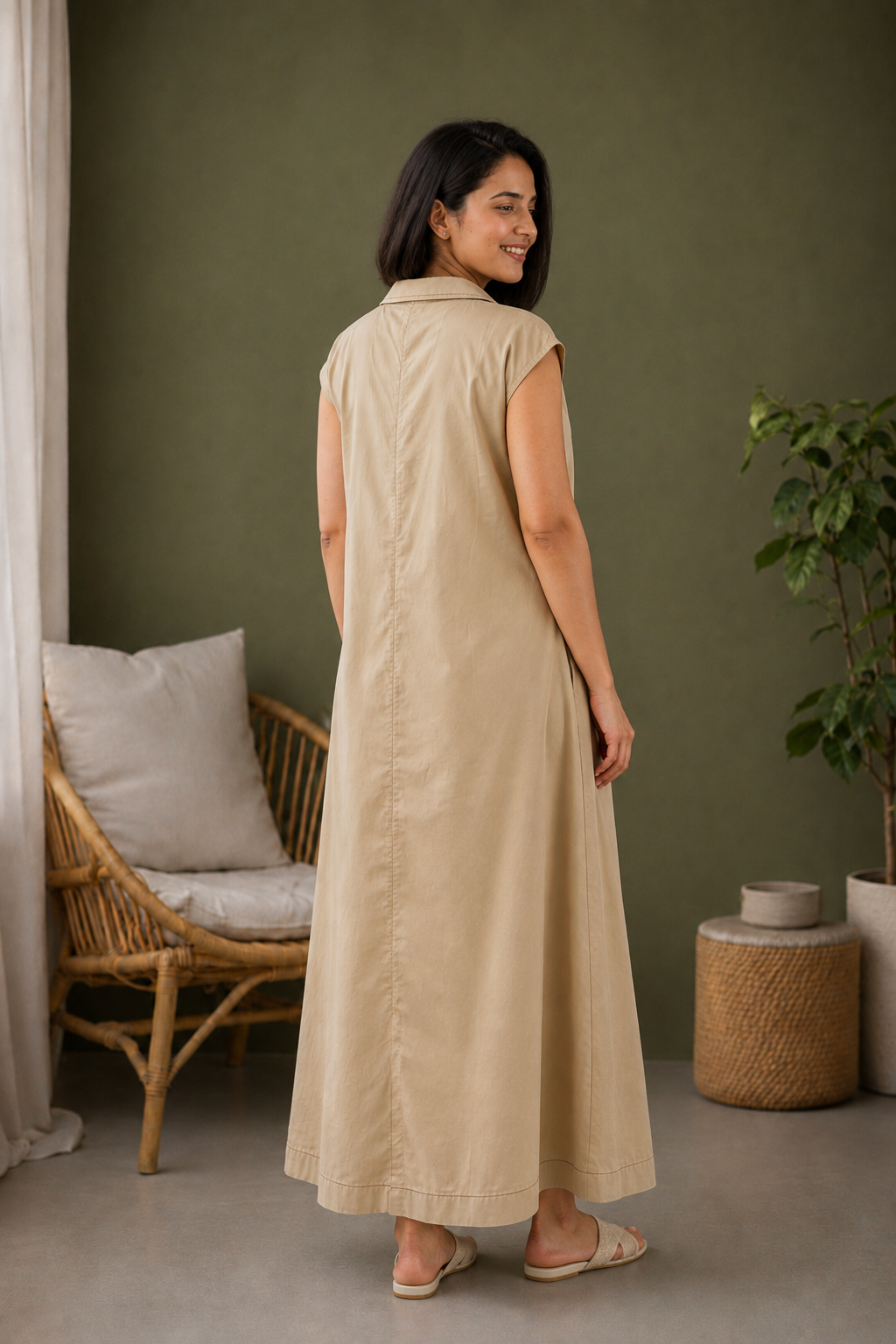 Mocha Brown Organic Cotton Poplin A-Line Maxi Dress with Detachable Belt