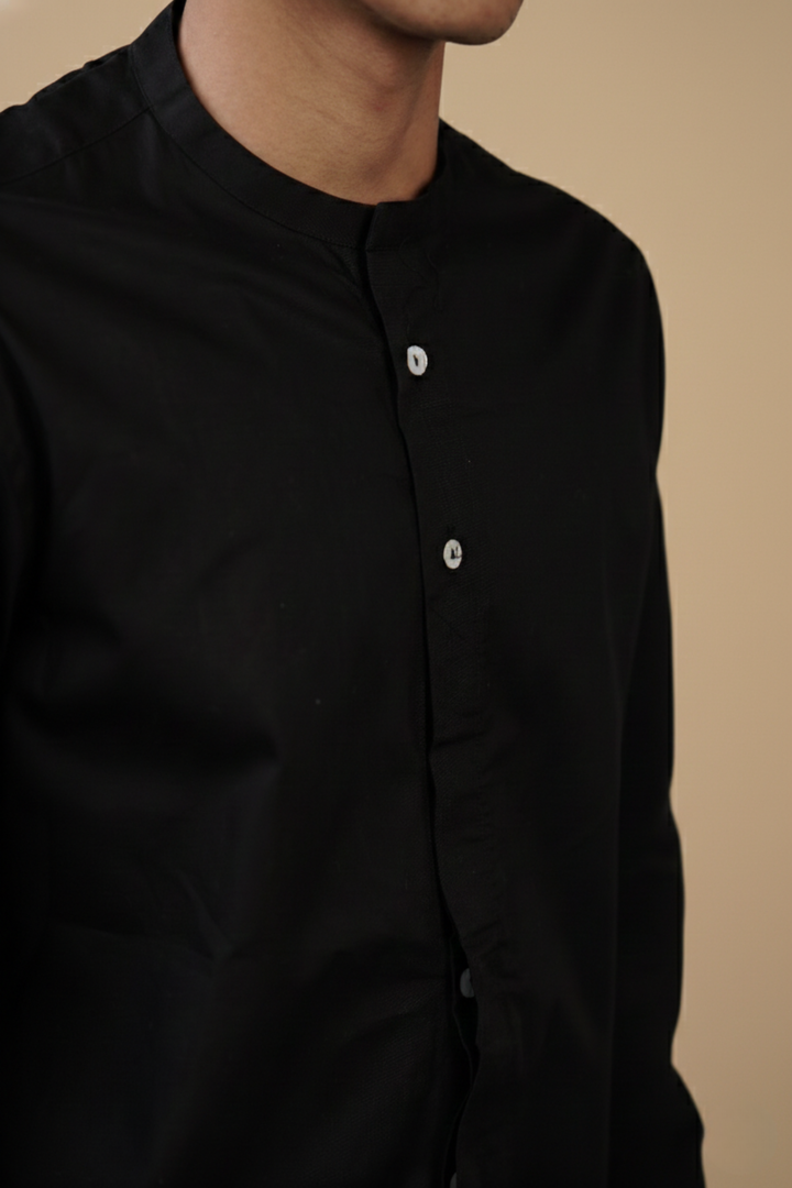 Black Solid Organic Cotton Mandarin Collar Shirt (Smart Casual)