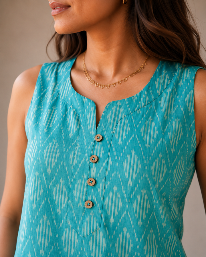 Turquoise blue Ikkat Cotton Crop Top