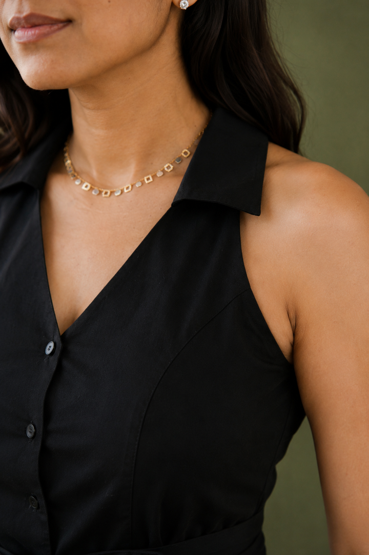 Black Organic Cotton Poplin Halter Neck Belted Top