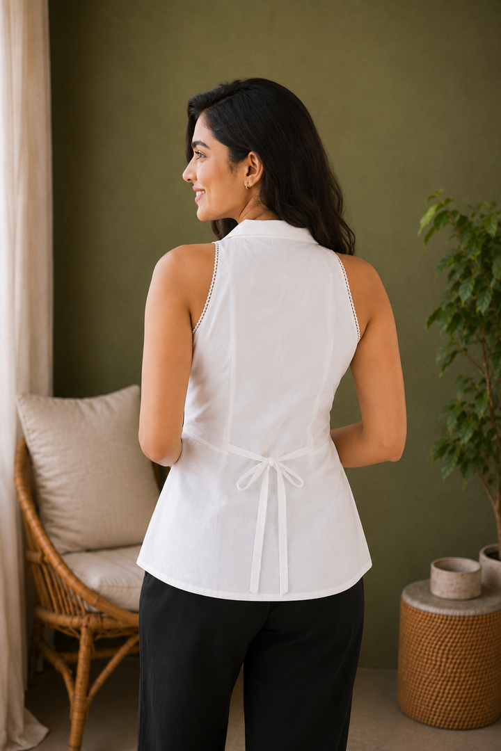 White Organic Cotton Poplin Halter Neck Peplum Top