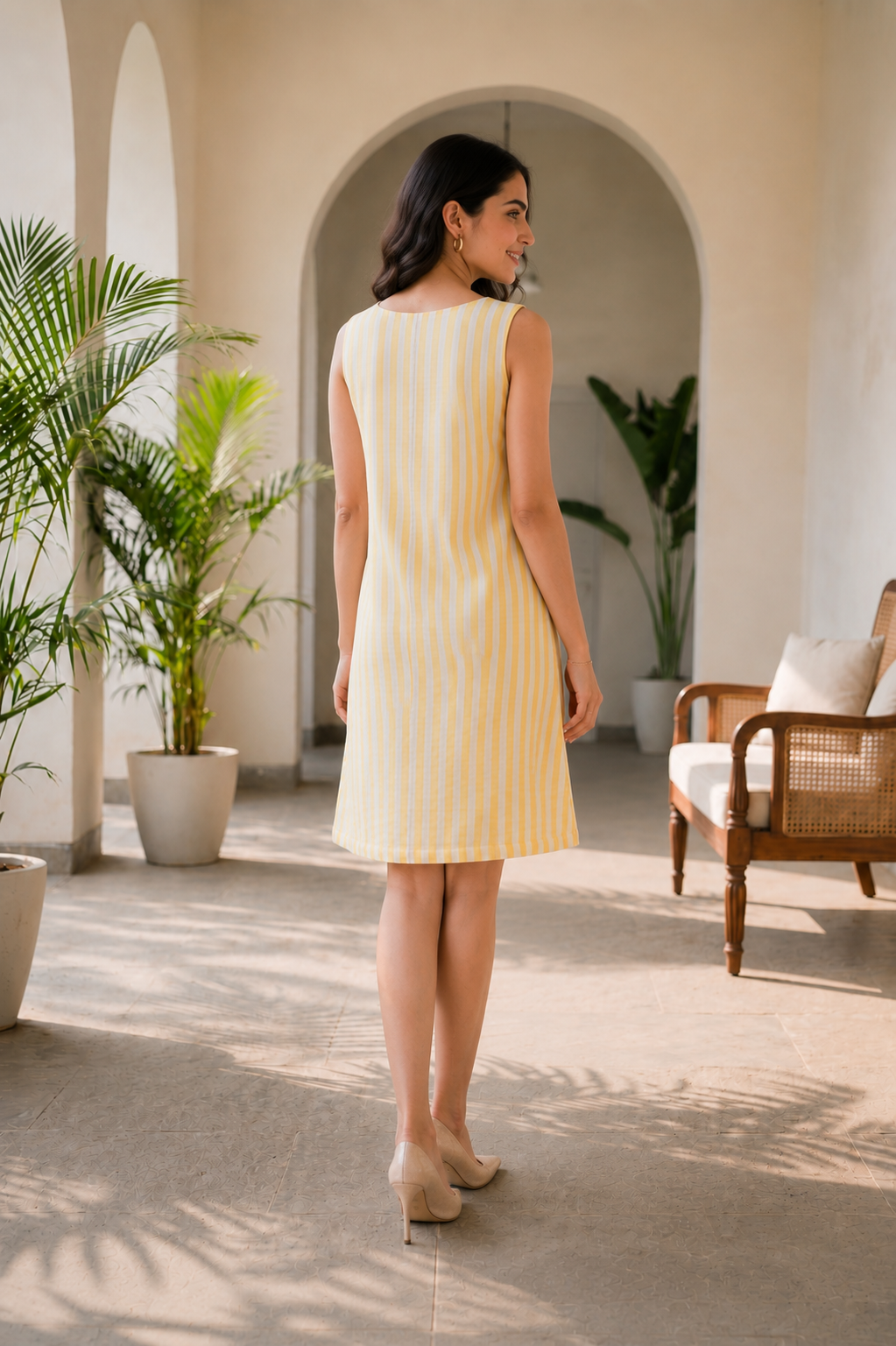 Yellow & Cream Handloom Kala Cotton Striped Dress