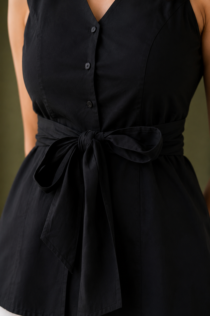 Black Organic Cotton Poplin Halter Neck Belted Top
