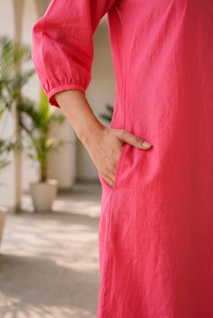 Sorbet Pink Pure Linen A-Line Dress