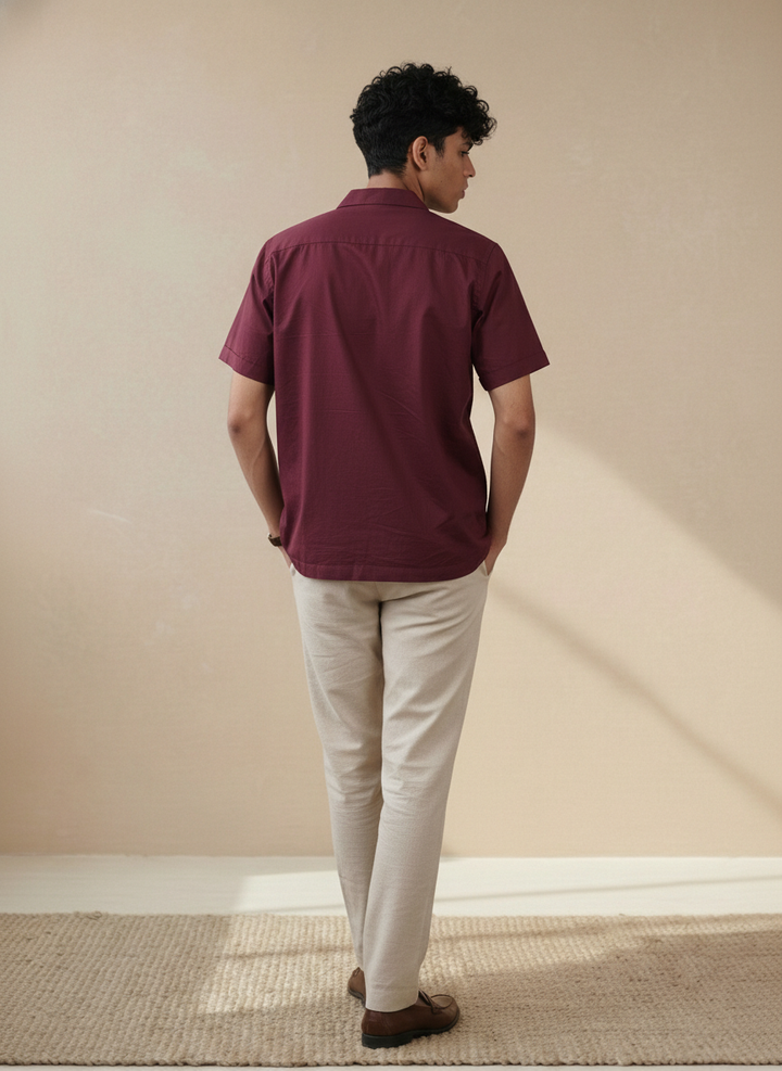 Merlot Solid Organic Cotton Notched Collar Shirt (Casual Wear)