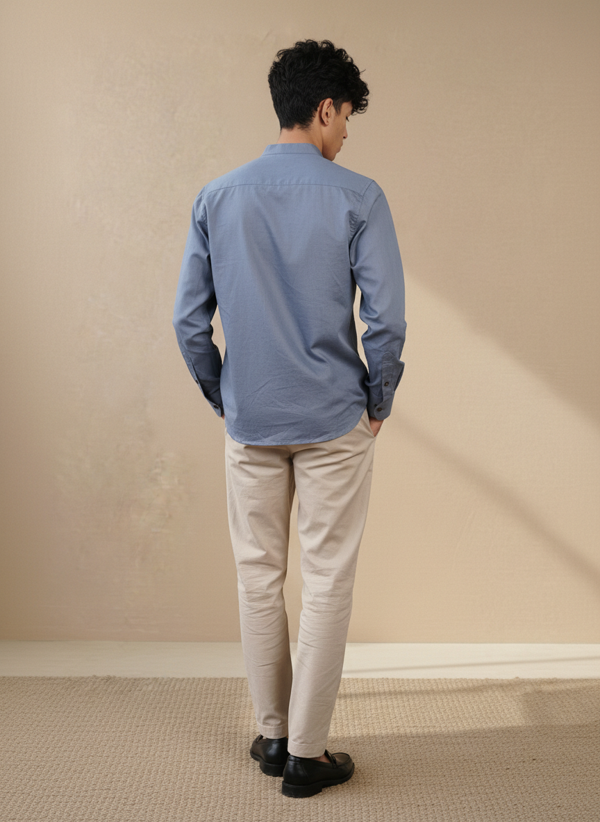 Ash Blue Natural Linen Mandarin Collar Shirt (Everyday Wear)