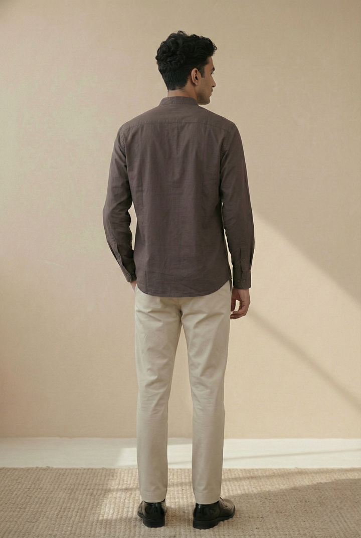Dark Brown Solid Organic Cotton Mandarin Collar Shirt (Smart Casual)