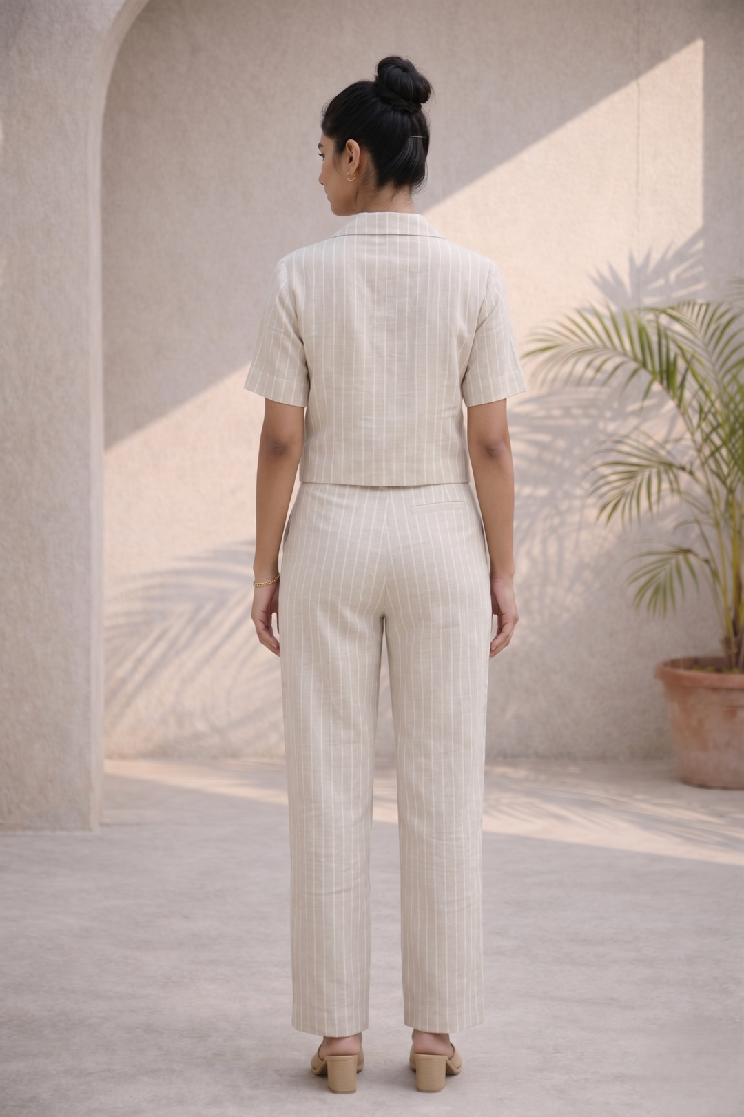 Peach Cream Striped Linen Tailored Blazer Co-ord Set (Workwear)