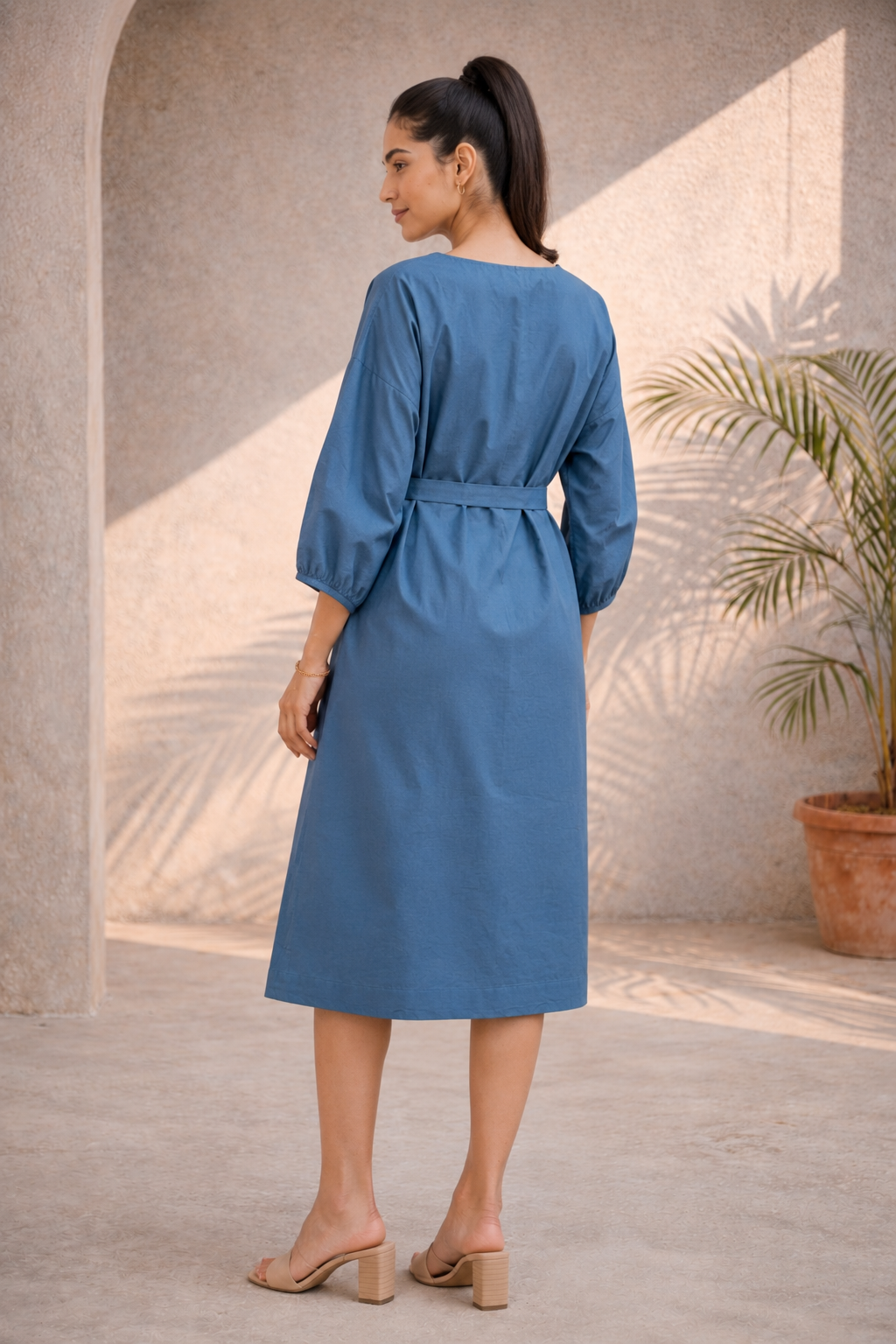 Dove Grey Cotton Linen Kimono Midi Dress (Brunch)