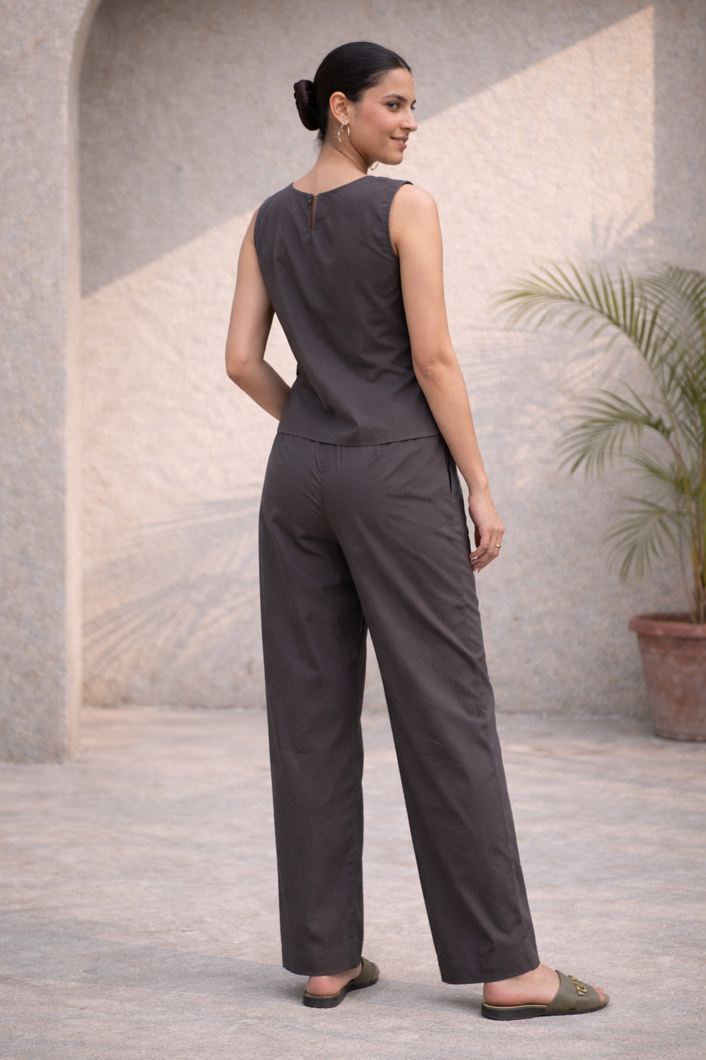 Ash Coffee Organic Cotton Poplin Side-Button Co-ord Set (Workwear)