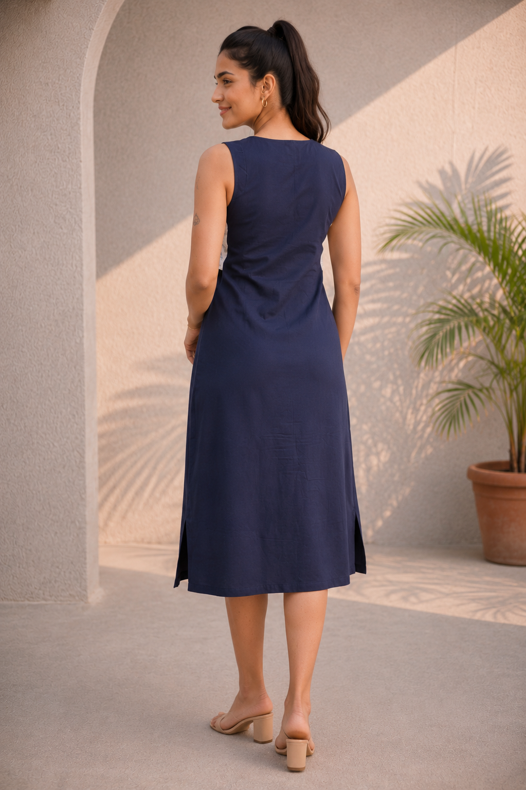 Navy Blue EcoVero Side Peep Flared Casual Dress