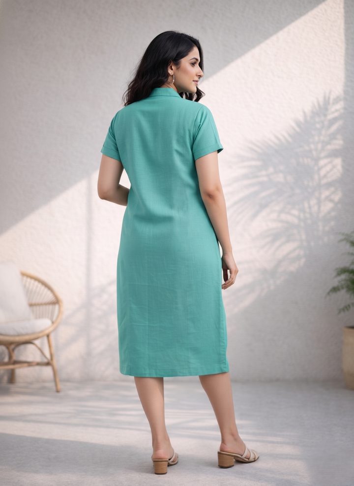 Sea Green Cotton Linen Straight Midi Dress (Summer)