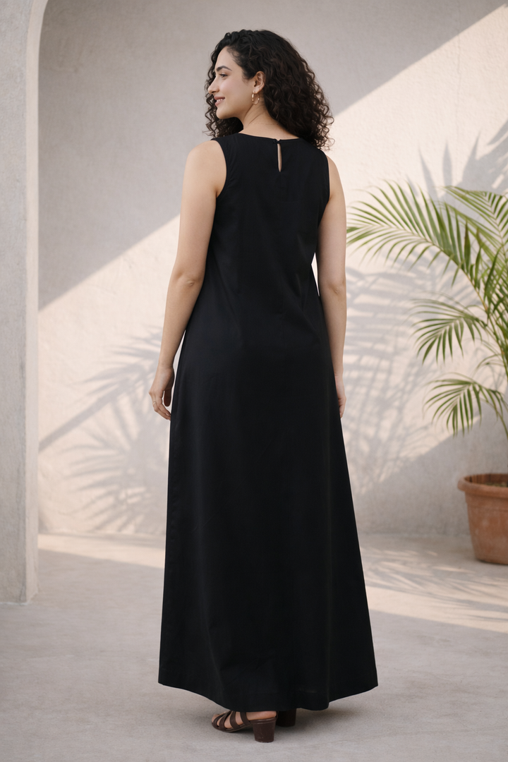 Black Cotton Slip Midi Dress (Eveningwear)