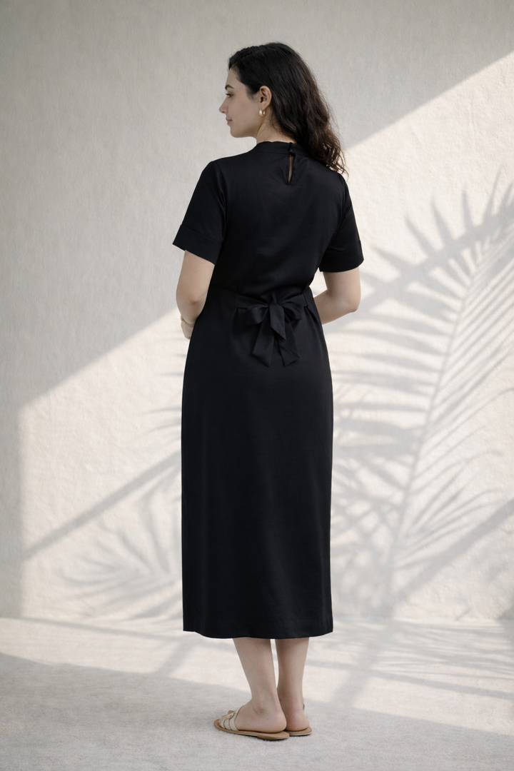 Black Organic Cotton Poplin Straight Midi Dress (Workwear)