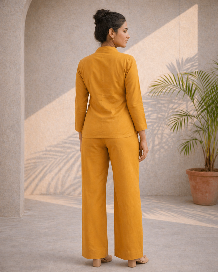 Mustard Yellow Cotton Linen Mandarin Collar Co-ord Set (Workwear)