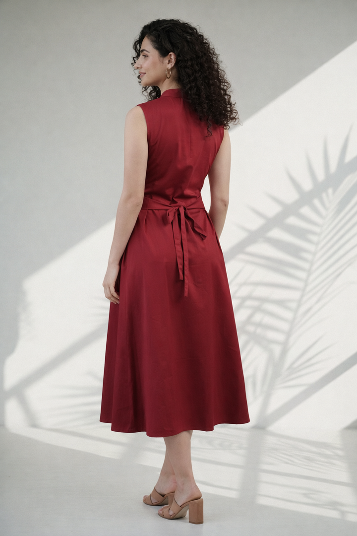 Deep Red Organic Cotton Poplin Flare Dress