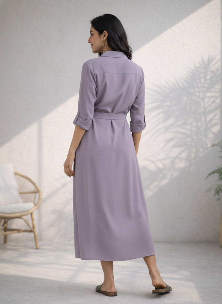 Lilac Grey Eco Vero Twill Shirt Midi Dress (Casual)