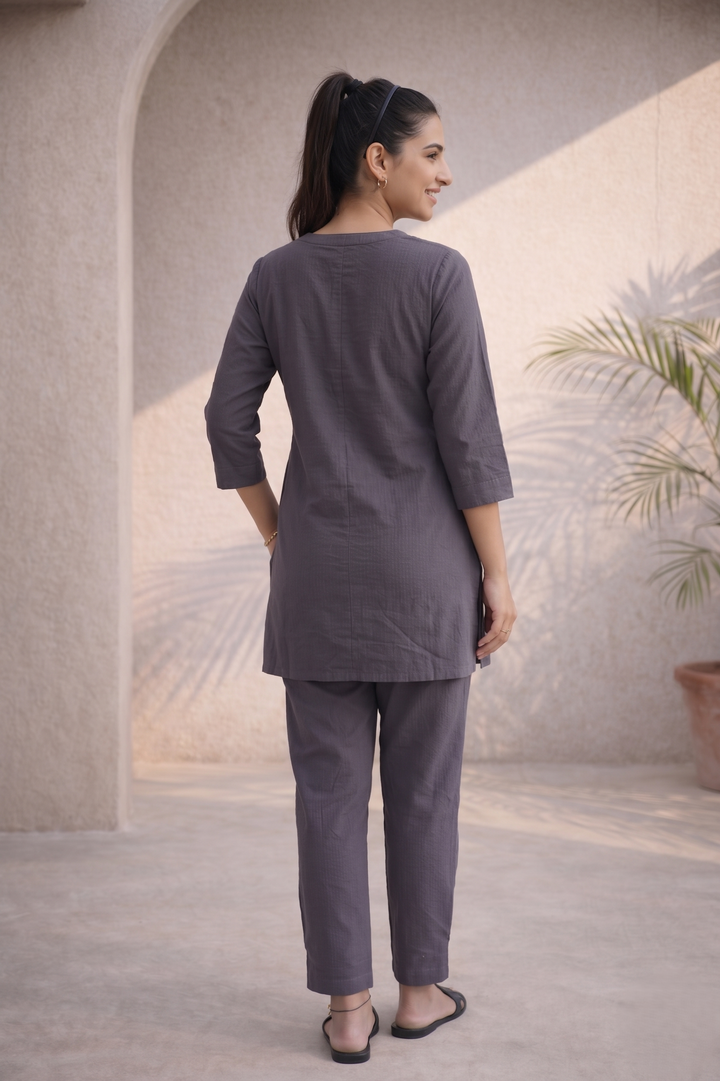 Iron Grey Organic Cotton Seersucker Tunic Co-ord Set (Workwear)