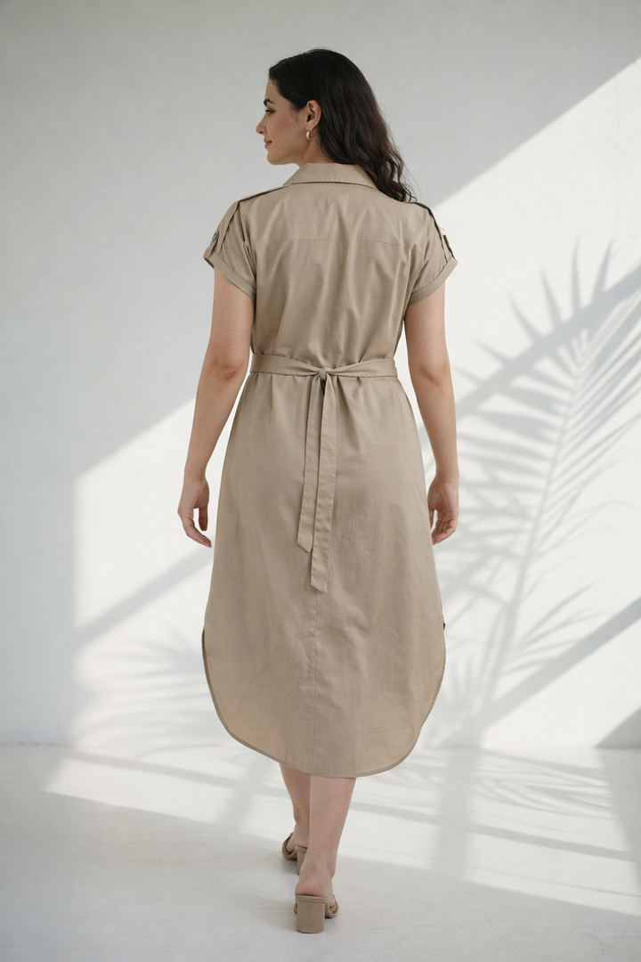Khaki Organic Cotton Poplin Shirt Midi Dress