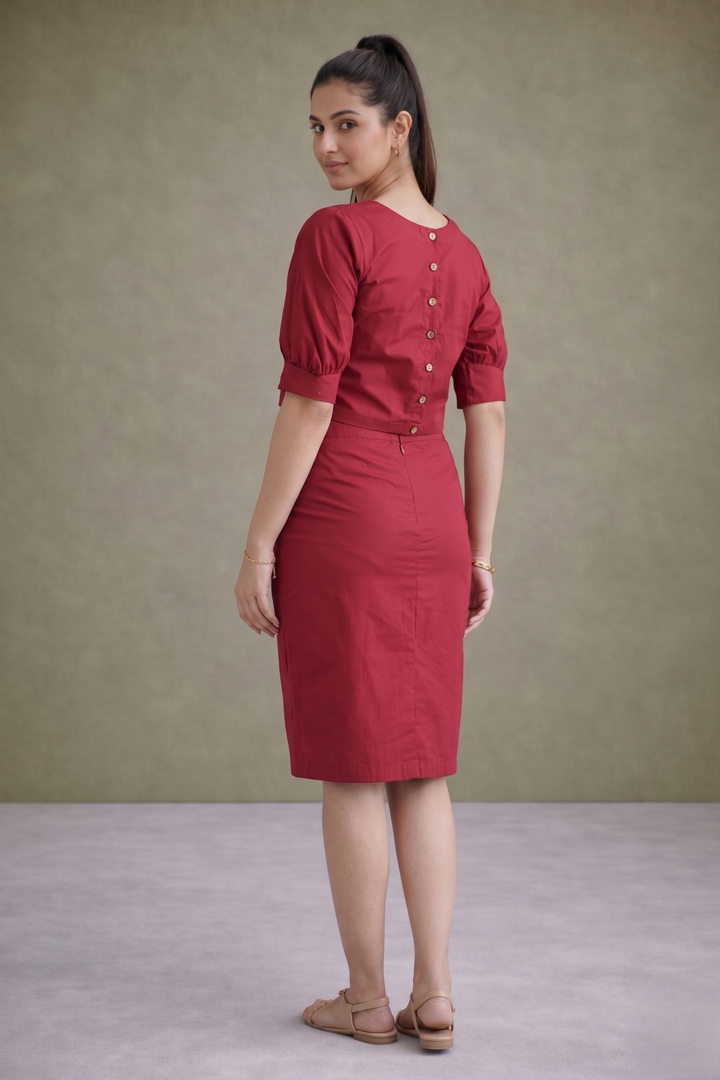 Carmine Red Tailored Organic Cotton Pencil Skirt Co-ord Set (Casual/ Workwear)